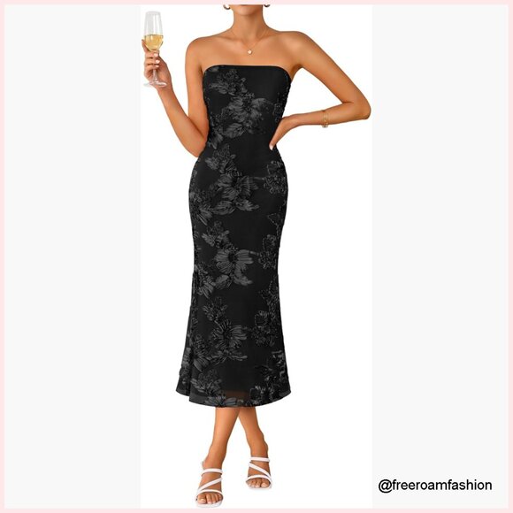 Strapless Floral Midi Bodycon Dress Formal Cocktail Wedding Guest